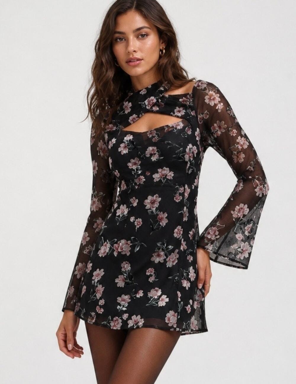 For Love & Lemons NWT Blake Mini Dress Small Velvet Black Pink Floral Burnout